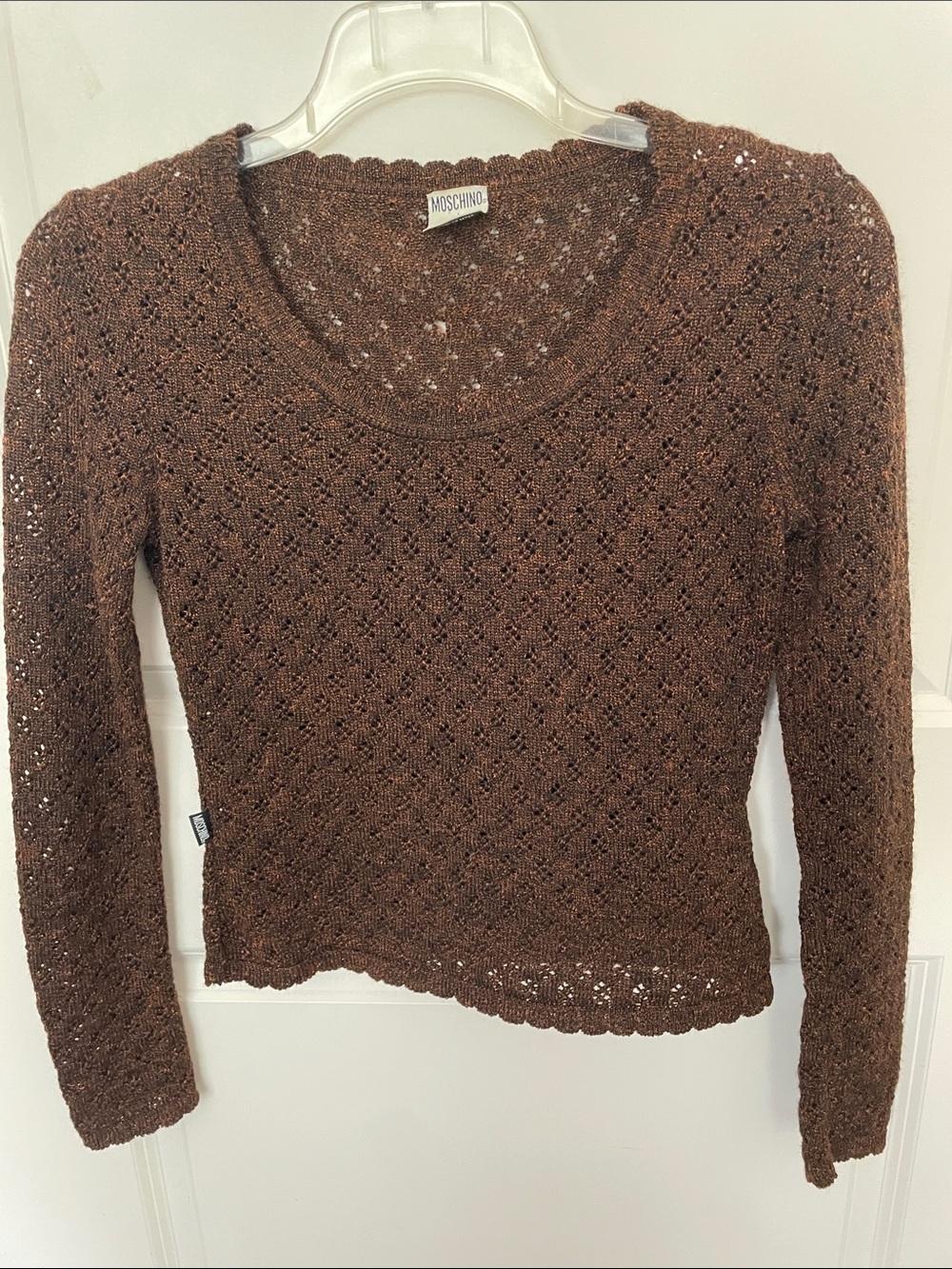 Vintage Moschino Jeans Brown Open Knit Sweater Wool Blend Scalloped Small